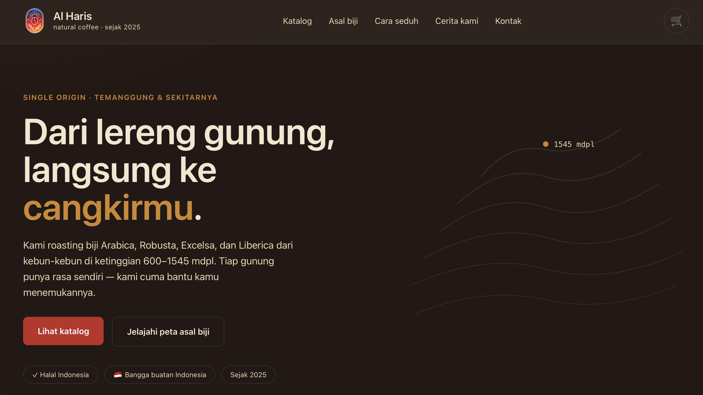 Tampilan Website E-Catalogue Al Haris Natural Coffee